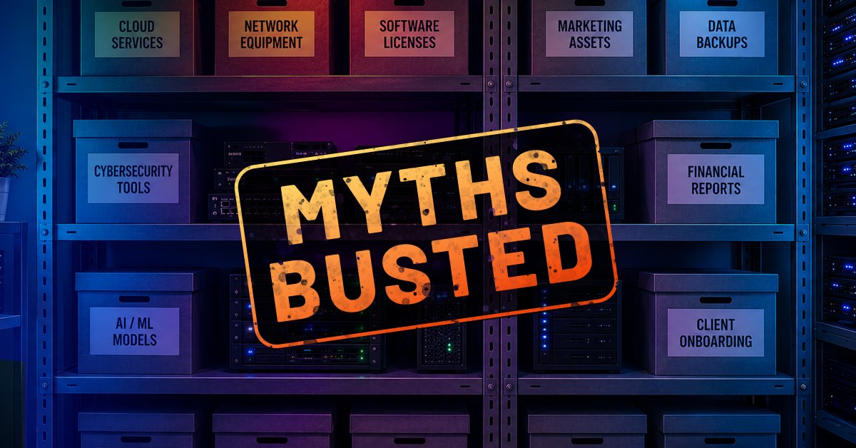 Myths Busted sign on cybersecurity storage shelves