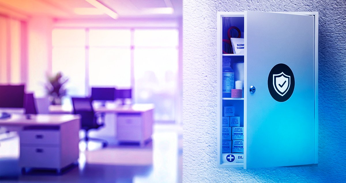 Office medicine cabinet marked with security shield