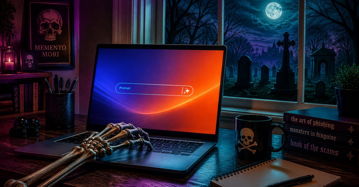 Skeleton hand typing on laptop by graveyard window